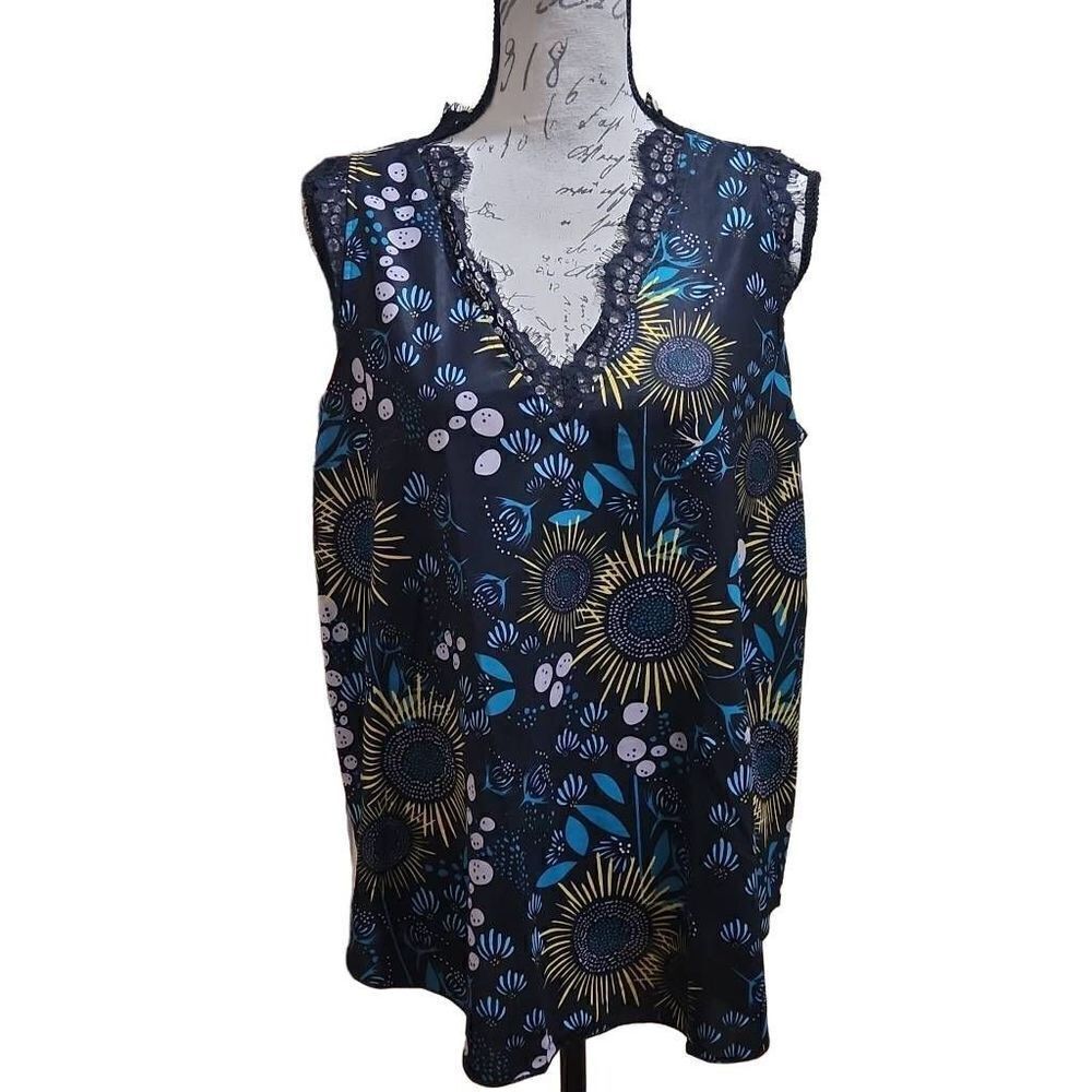 Hippie Chic Ladies Sz L Black Sunflower Print with Eyelash Lace V-Neck Blouse